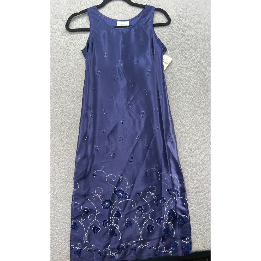 VTG Bonnie Jean Dress Womens Sz 12 Navy Blue Satin Floral Embroidered Sleeveless